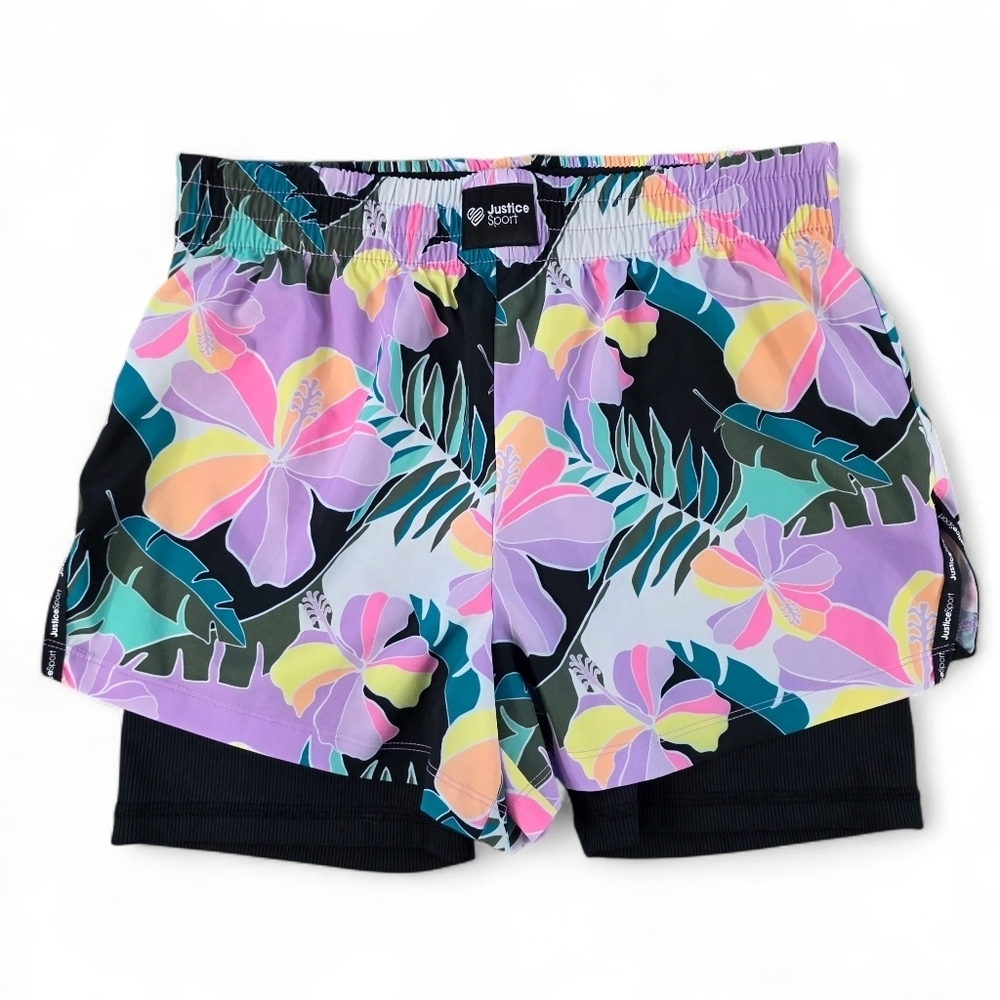 Justice Sport Girls XL 16/18 Floral Hibiscus 2-in-1 Running Athletic Shorts